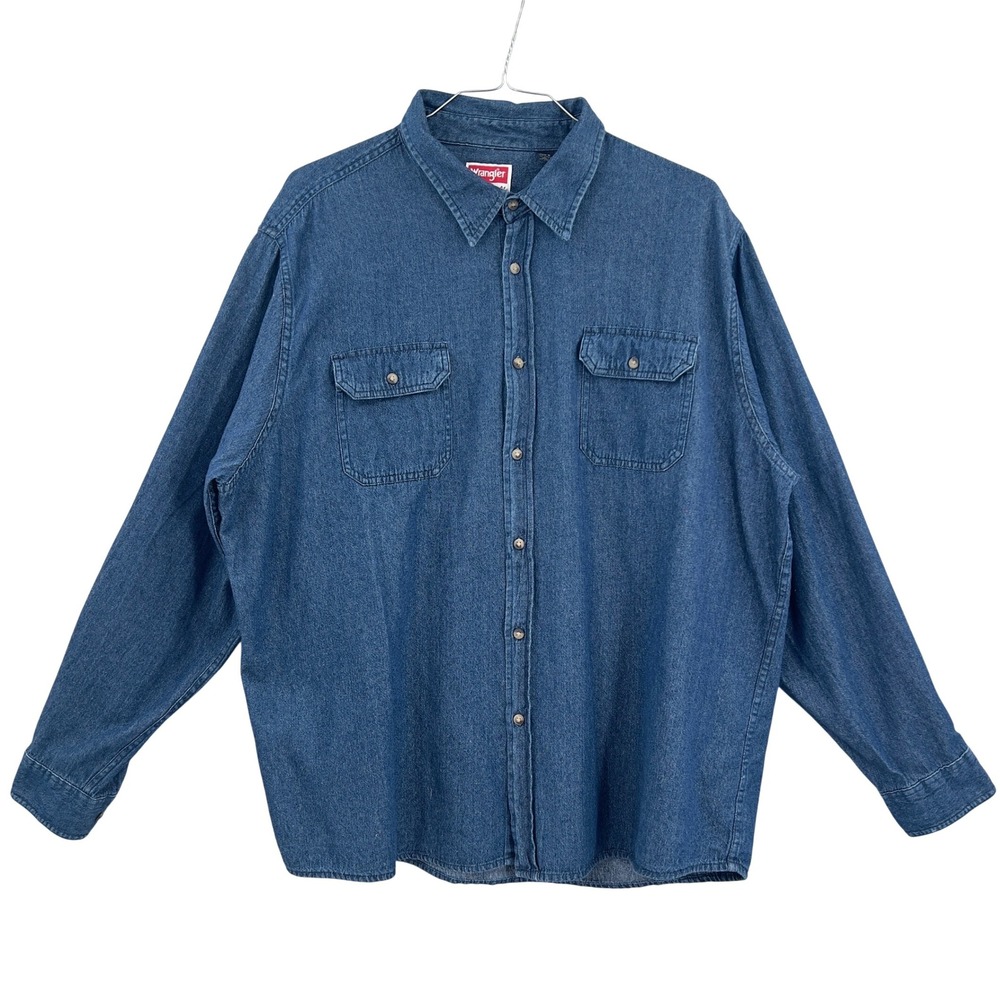 Vintage Wrangler Mens Denim Button Up Shirt‎ Blue Long Sleeve 80's 2XL